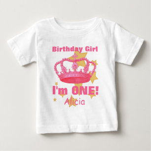 T-shirt Pour Bébé Anniversaire Fille avec Couronne Je suis UN ! Nom 