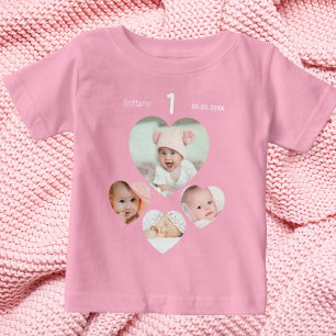 T-shirt Pour Bébé Anniversaire nom âge photo collage bébé fille rose