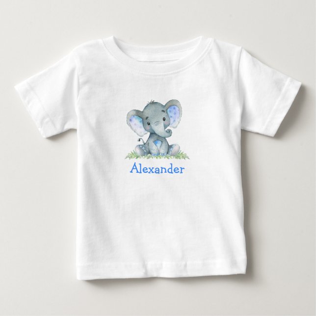 T-shirt Pour Bébé Aquarelle bleu bébé éléphant sur la verdure (Devant)