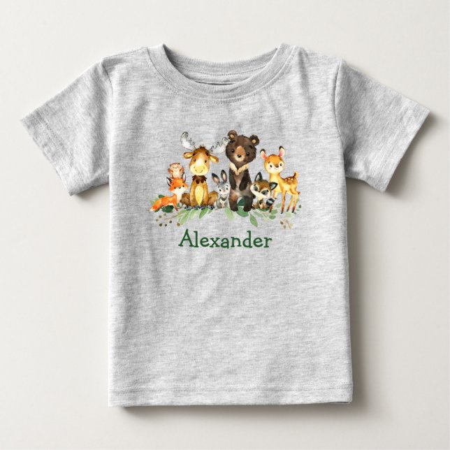 T-shirt Pour Bébé Aquarelle Bois Forêt Animaux Gris (Devant)