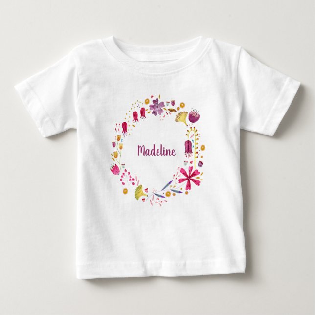 T-shirt Pour Bébé Aquarelle Botanique Fleur sauvage Wreath Nom perso (Devant)