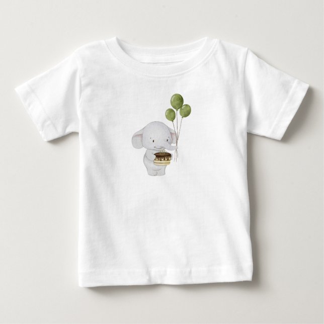T-shirt Pour Bébé Aquarelle Cute Chef Elephant avec gâteau et ballon (Devant)