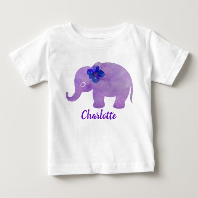 T-shirt Pour Bébé Aquarelle Elephant Hibiscus personnalisable (Devant)
