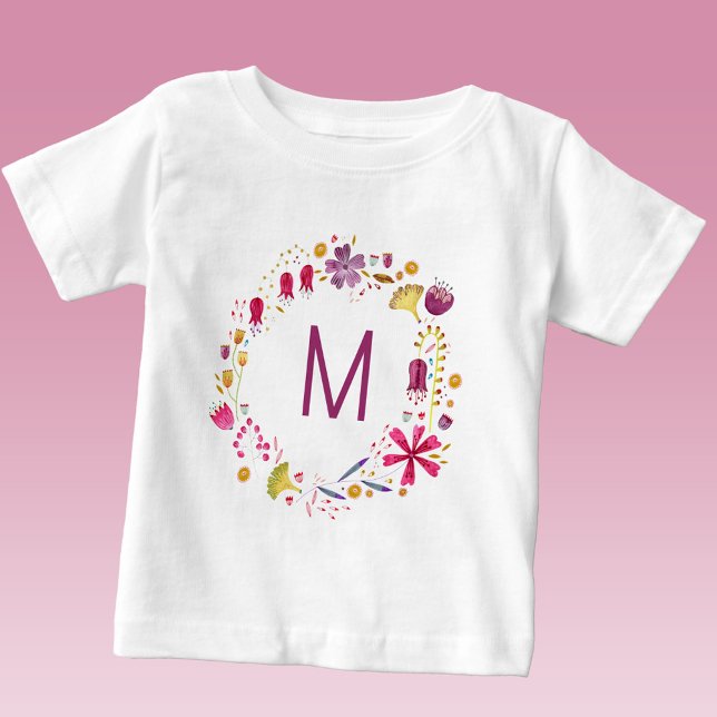 T-shirt Pour Bébé Aquarelle fleur sauvage Monogramme de couronne ini (Monogram initial personalized watercolor botanical floral wreath baby t-shirt)