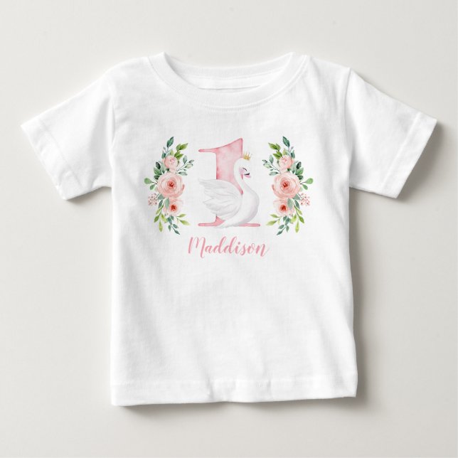 T-shirt Pour Bébé Aquarelle Floral Swan Princesse 1er anniversaire (Devant)