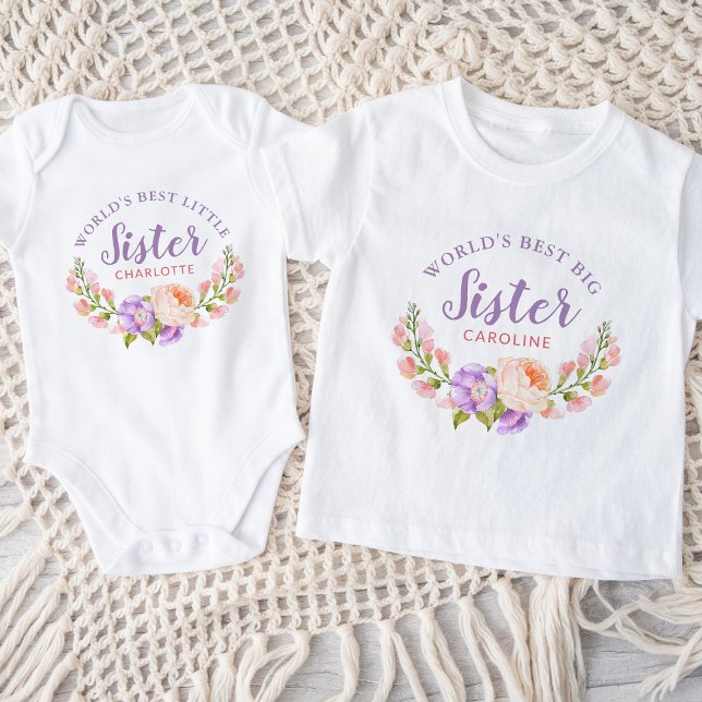 T-shirt Pour Bébé Aquarelle Florale Meilleure Grande Sœur du Monde (Créateur téléchargé)