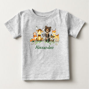 T-shirt Pour Bébé Aquarelle Les animaux de la forêt des bois gris