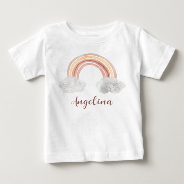T-shirt Pour Bébé Aquarelle mignon pastel nom arc-en-ciel personnali (Devant)