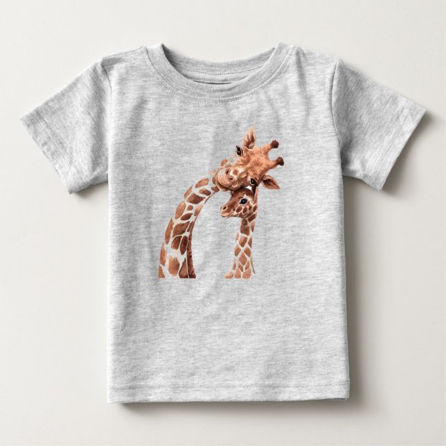 T-shirt Pour Bébé Aquarelle mignonne Giraffe maman ou papa & veau bé (Devant)