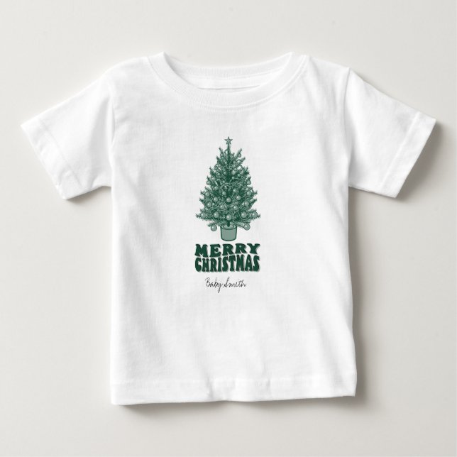T-shirt Pour Bébé Arbre de Noël Whimsical Green Retro (Devant)