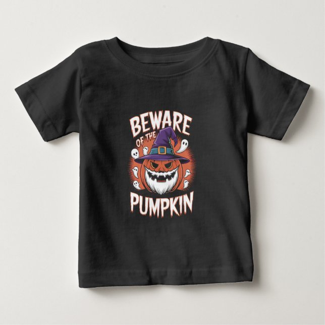 T-shirt Pour Bébé Attention à l'Halloween citrouille (Devant)