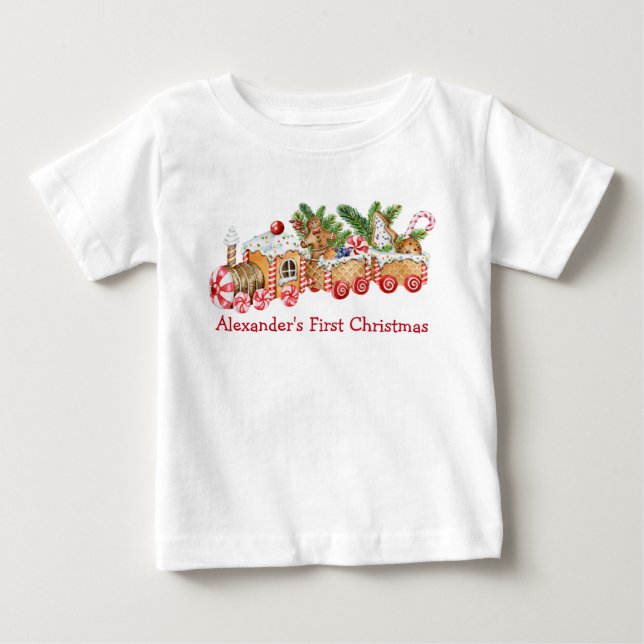 T-shirt Pour Bébé Baby First Christmas Gingerbread Train Red Candy (Devant)