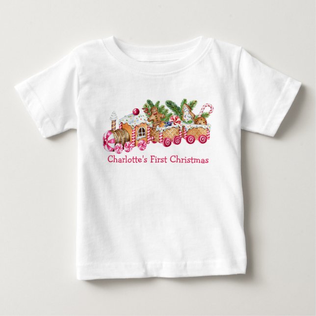 T-shirt Pour Bébé Baby First Christmas Gingerpain Train Pink Candy (Devant)