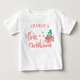 T-shirt Pour Bébé Baby First Christmas - Snowman mignon et flocons d