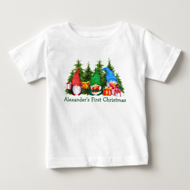 T-shirt Pour Bébé Baby First Noël Gnomes Arbres (Devant)