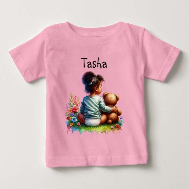 T-shirt Pour Bébé Baby Girl et son ours en peluche | Personnalisé (Devant)