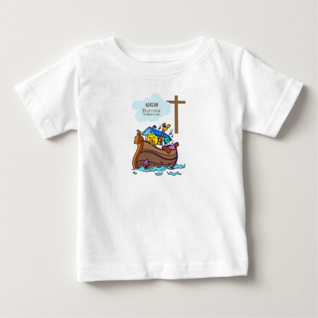 T-shirt Pour Bébé Baptême Arche du garçon Noah, mignons animaux Pers (Devant)