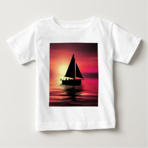 T-shirt Pour Bébé Bateau Coucher De Soleil, Mer Et Arrière - plan Or