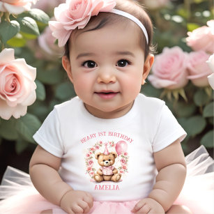 T-shirt Pour Bébé Béary 1er anniversaire ours fille rose bébé T-shir