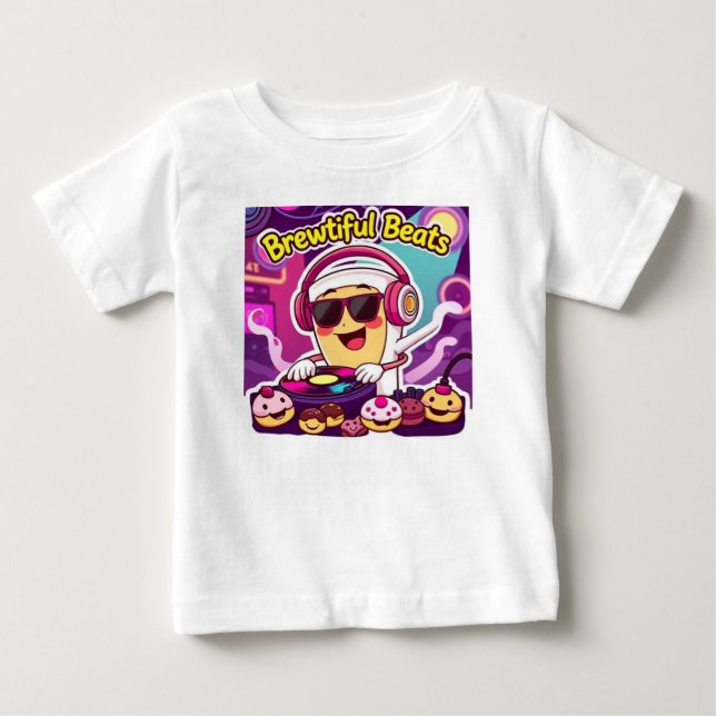 T-shirt Pour Bébé "Beats Brewtits - Sticker DJ Coffee Cup Cartoon" (Devant)