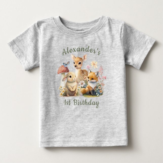 T-shirt Pour Bébé Beau Bunny Deer Fox Floral Premier anniversaire (Devant)