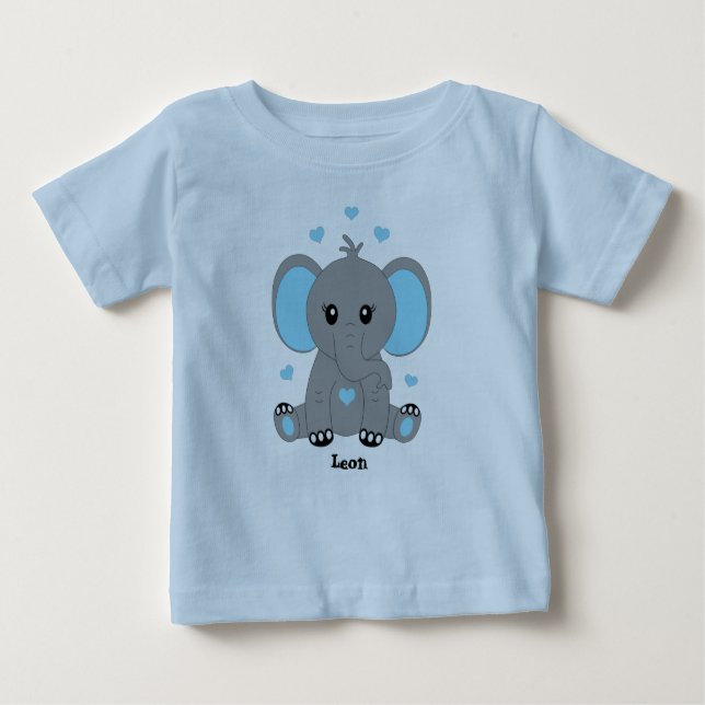 T-shirt Pour Bébé Beau éléphant en bleu, dessiné à la main, (Devant)