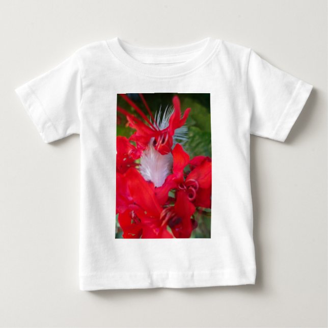 T-shirt Pour Bébé Beauté délicate : Fleur rouge avec plumes blanches (Devant)