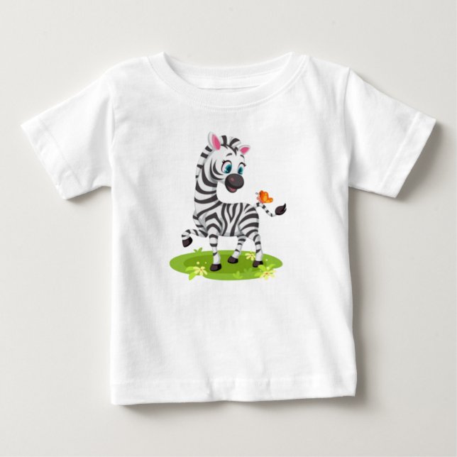 T-shirt Pour Bébé Bébé Zèbre Dessin Jouer avec Papillon-23960 (Devant)
