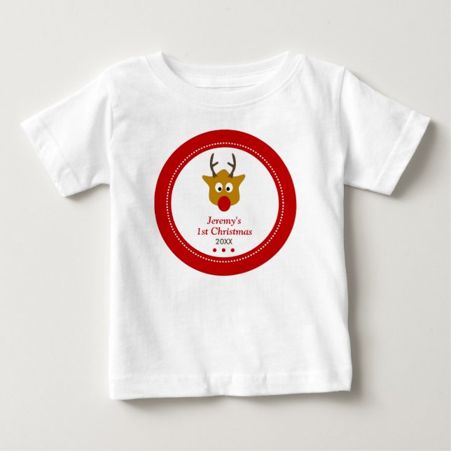 T-shirt Pour Bébé Bébés rouges de rennes mignons Premier Noël (Devant)