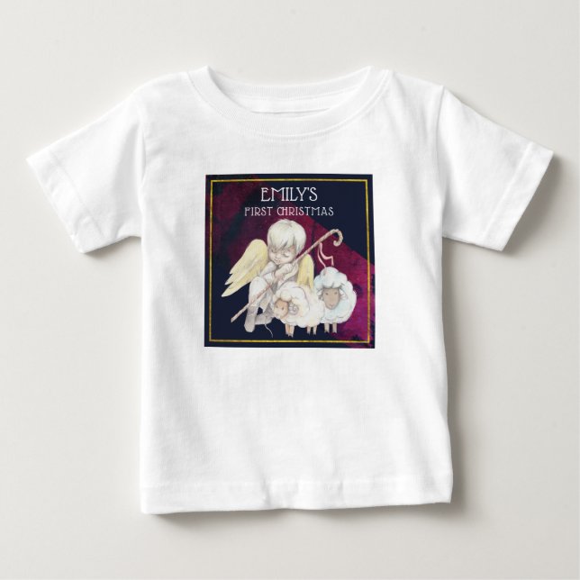 T-shirt Pour Bébé Berger d'ange doux avec agneaux Premier Noël (Devant)