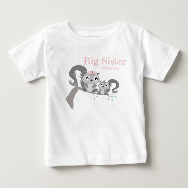 T-shirt Pour Bébé Big sister adjustable name with cute squirrels (Devant)