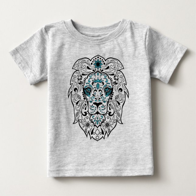 T-shirt Pour Bébé Black Lion Sugar Skull Parties scintillant bleue (Devant)
