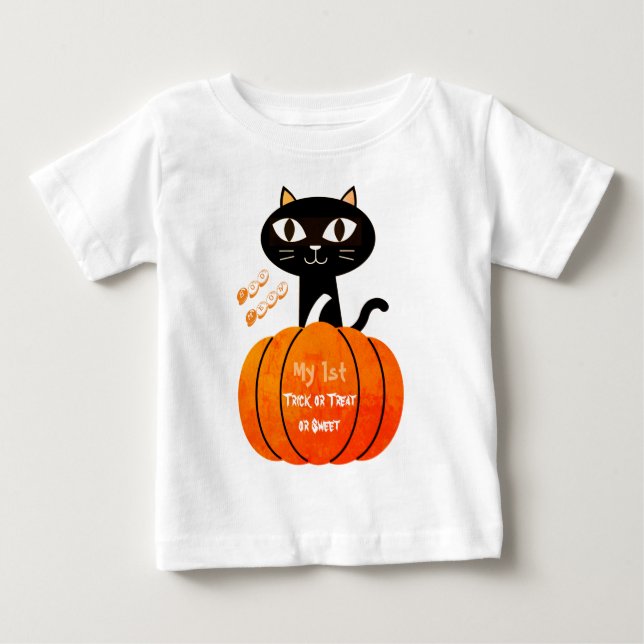 T-shirt Pour Bébé Blancs noir Halloween Trick ou Treat Cat Citrouill (Devant)