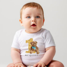 T-shirt Pour Bébé Bleu et or 1er anniversaire Teddy Bear