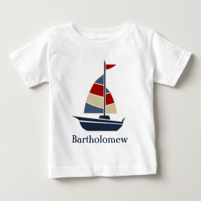 T-shirt Pour Bébé Bleu nautique, Rouge, Crème Voilier Personnalisé (Devant)