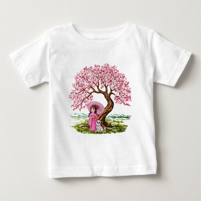 T-shirt Pour Bébé Blossom Dreams : Kimono Girl & Puppy (Devant)