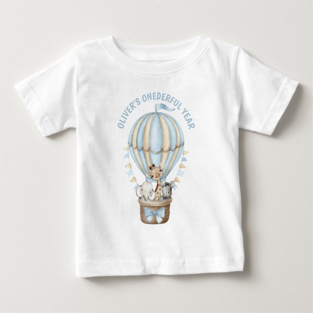 T-shirt Pour Bébé Blue Hot Air Balloon Safari Animaux 1er anniversai (Devant)