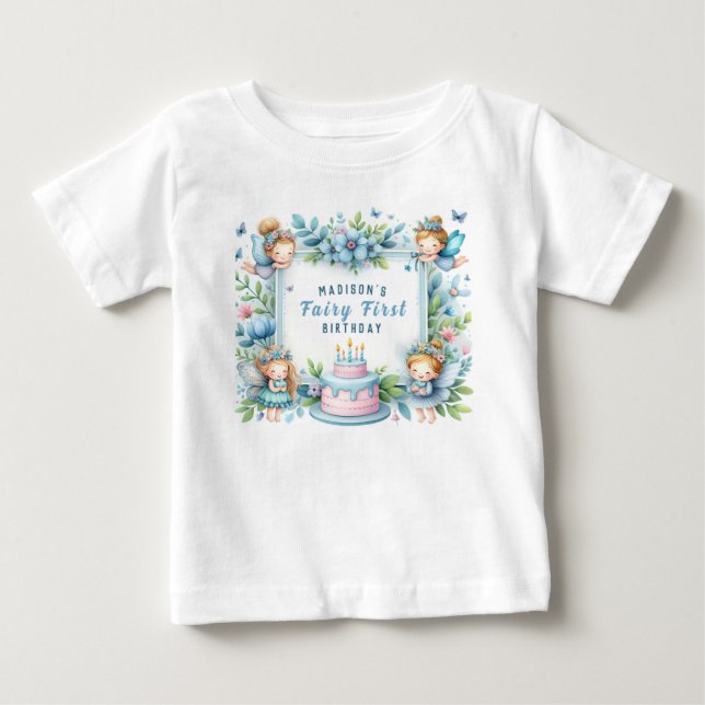T-shirt Pour Bébé Blue Pastel Floral Fairy First Birday - (Devant)