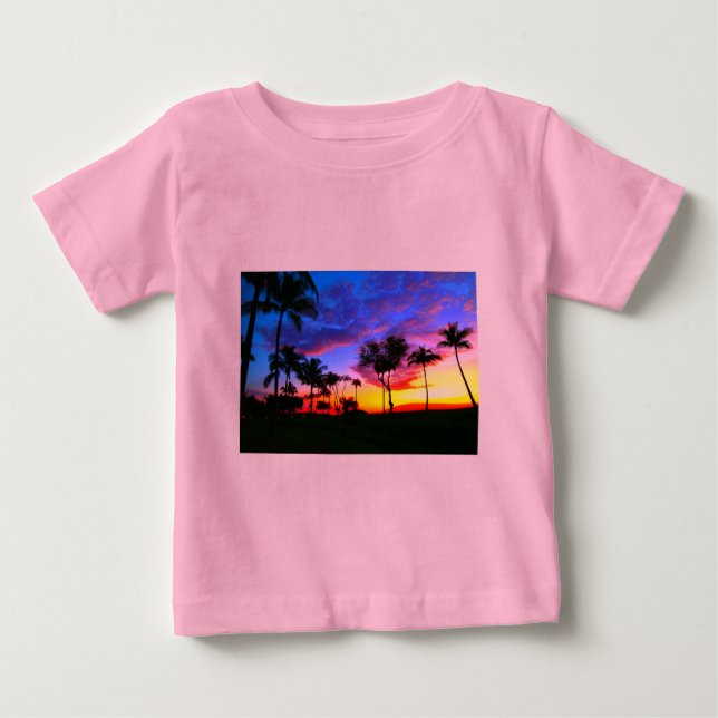T-shirt Pour Bébé Blue Red Sunset Exotic Hawaiian Beach Palm Trees (Devant)