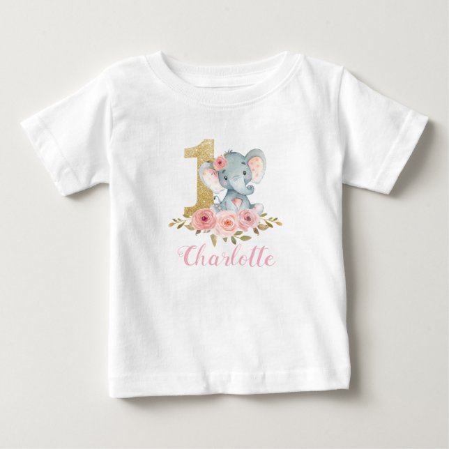T-shirt Pour Bébé Blush Floral Cute Baby Elephant 1er Anniversaire B (Devant)