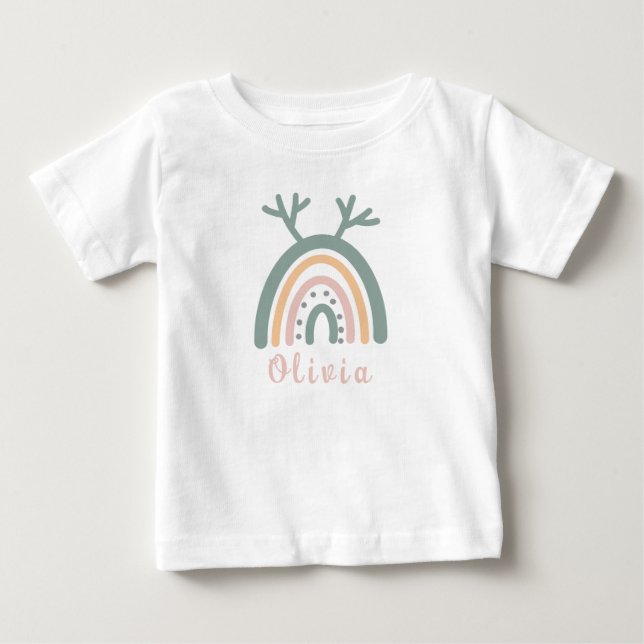 T-shirt Pour Bébé Boho Rainbow Cute Avec Nom Personnalisé (Devant)