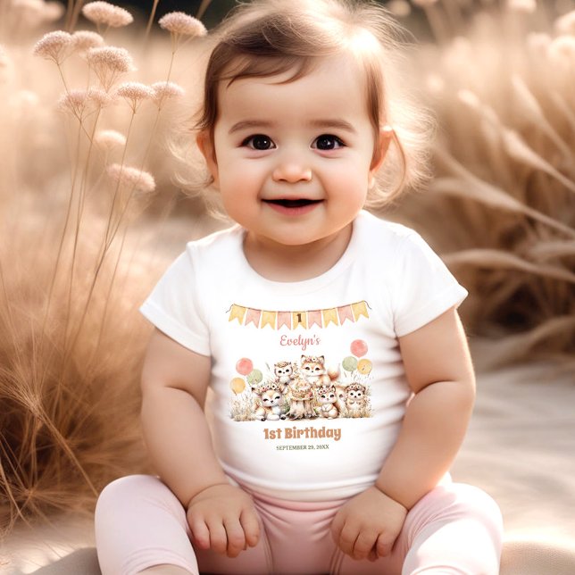 T-shirt Pour Bébé Bois Animaux Boho Nom Fille 1er anniversaire (Woodland Animals Boho Name Girl 1st Birthday Baby T-Shirt)