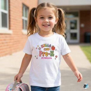 T-shirt Pour Bébé Bonjour Pré-Maternelle Rétro Groovy Nom Personnali