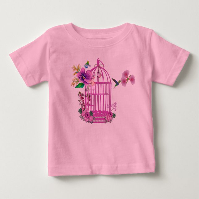 T-shirt Pour Bébé Cage à oiseaux floral rose (Devant)