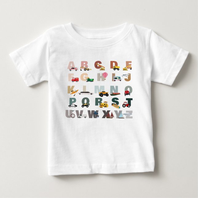 T-shirt Pour Bébé Camions ABC Alphabet Mignon, Véhicules de Transpor (Devant)
