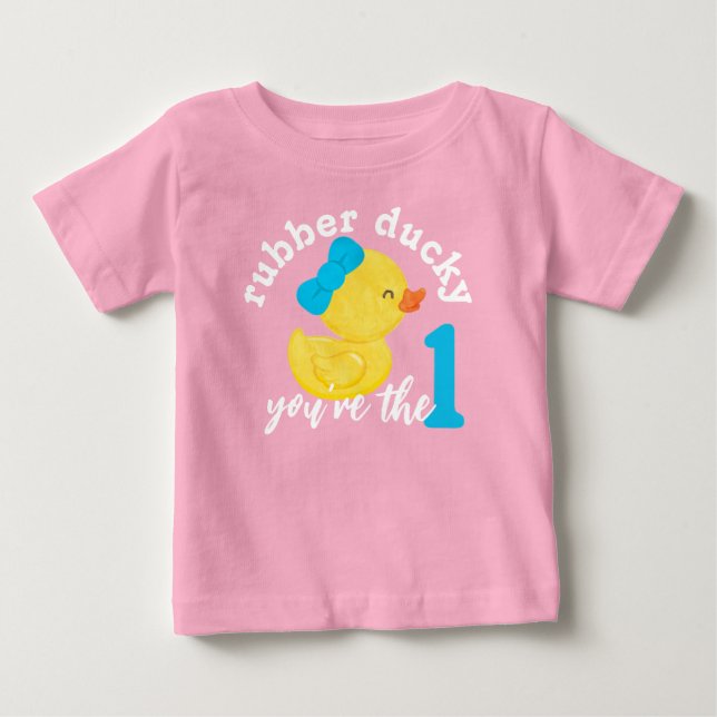 T-shirt Pour Bébé Canard en caoutchouc rose, tu es le premier annive (Devant)