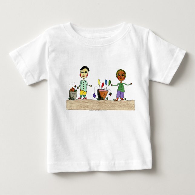 T-shirt Pour Bébé Caractères de dessin avec seau de ballons. (Devant)