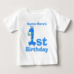 T-shirt Pour Bébé Caricature de 1er anniversaire, en bleu. Nom perso