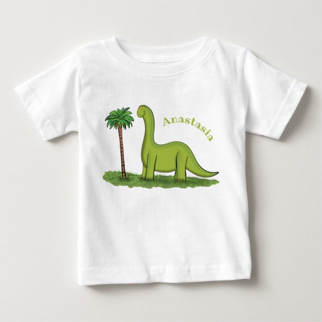 T-shirt Pour Bébé Caricature de dinosaure de brontosaurus vert migno (Devant)
