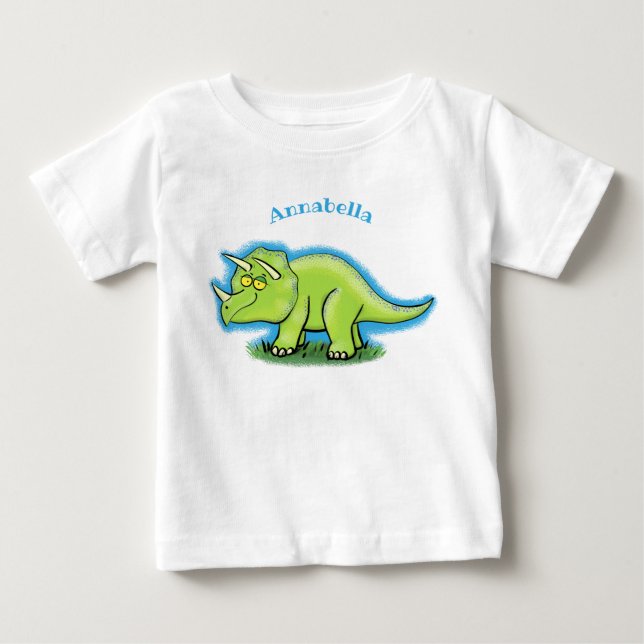 T-shirt Pour Bébé Caricature de dinosaure de triceratops vert mignon (Devant)